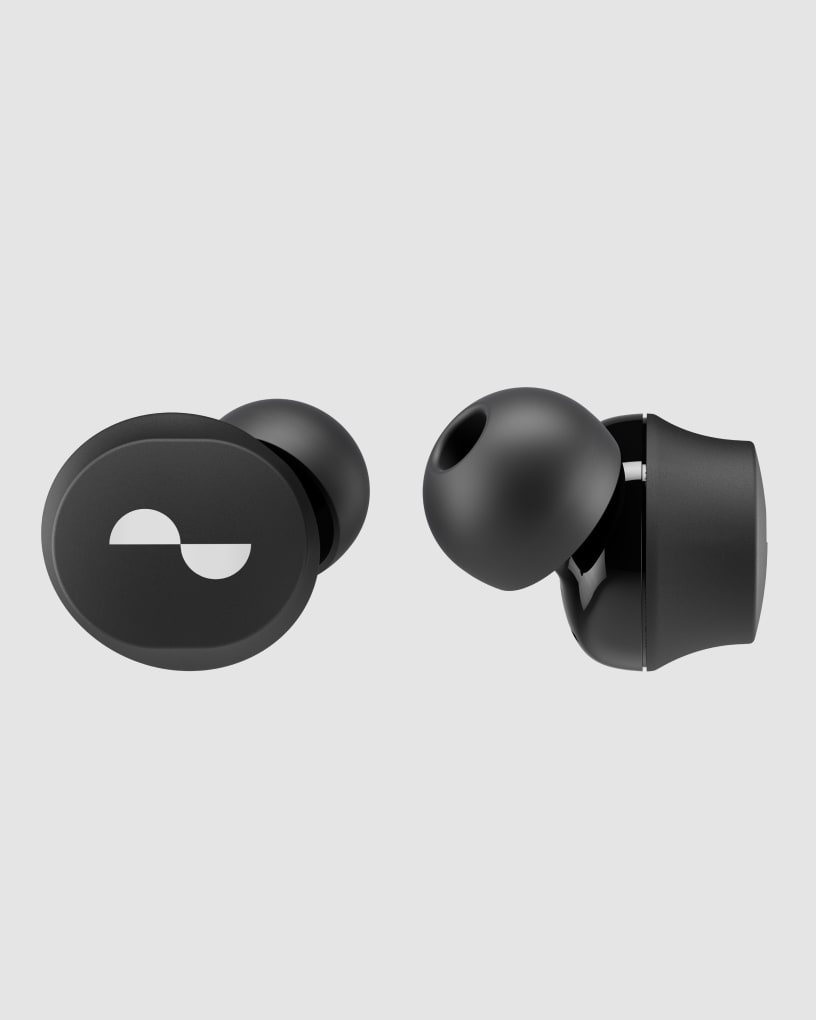 Photo of NuraBuds earbuds, front-on and side-on