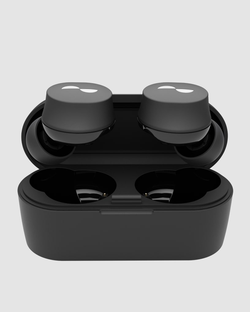 Photo of NuraBuds charging case, open, with earbuds positioned above