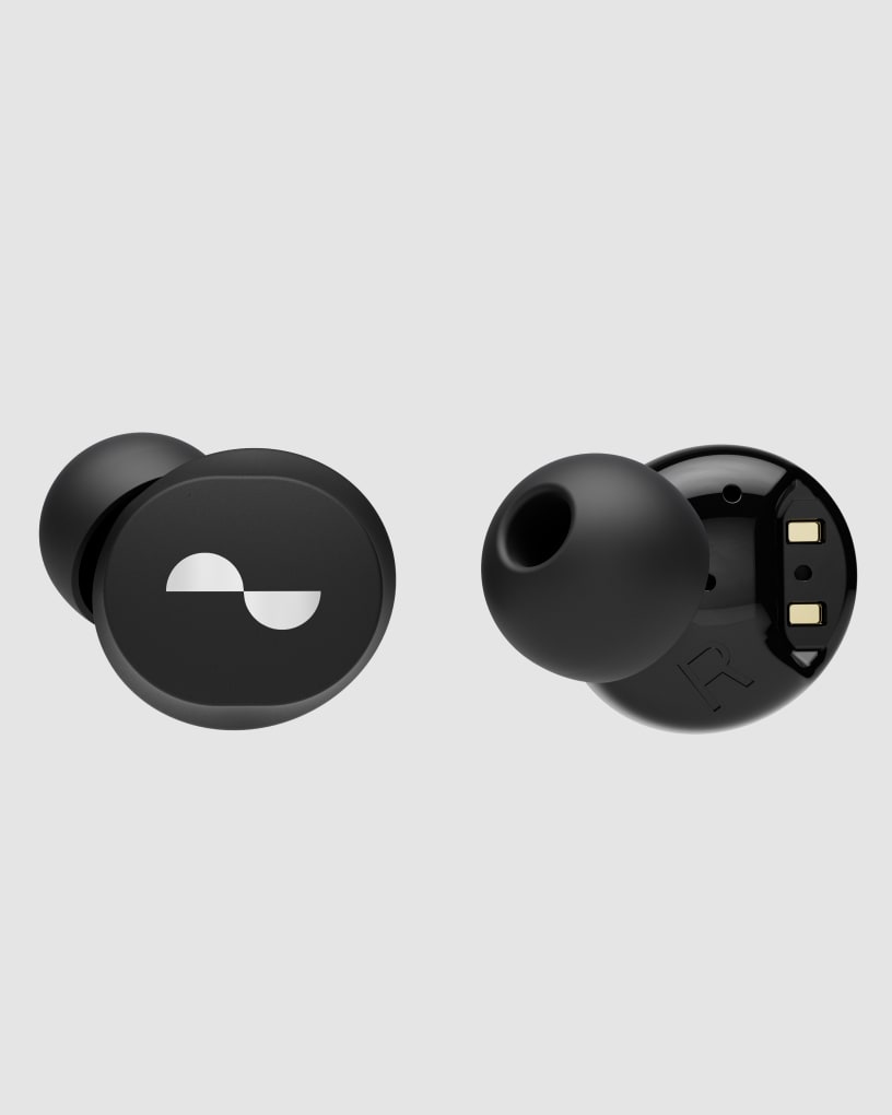 Photo of NuraBuds earbuds, front and back
